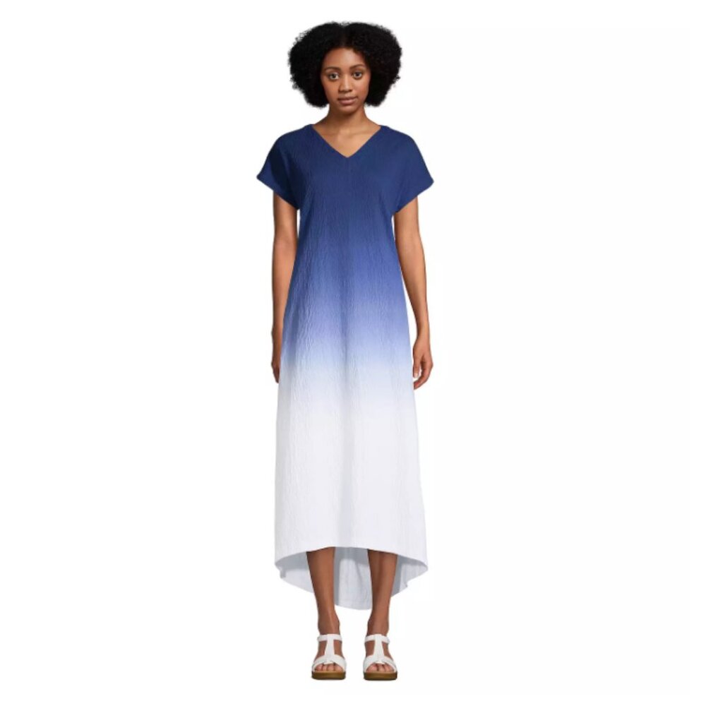Women's Crinkle Knit Short Sleeve High Low Midi Tiered Dress - Medium